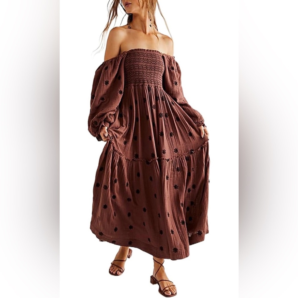 Free People Dahlia Embroidered Maxi Dress in Burgundy Road